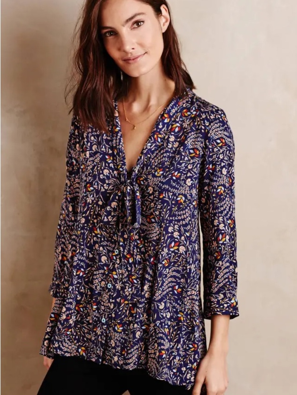 EUC Anthropologie Maeve Tie Neck Swing Blouse— Navy Botanical - Picture 3 of 10